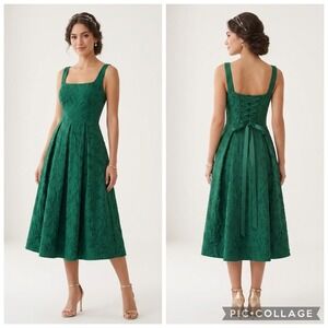 Formal Dress Emerald Green 6 Midi Lace Up Back 3D Floral Fil Coupe Wedding Guest